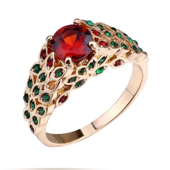 Bohemian Ruby, Lab, Micro-Encrusted stones Colorful Yellow Gold Color Leaf Ring - Picture 2 of 13